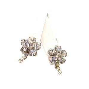 Vintage Clear Crystal Flowers Earrings, Sparkling Screw Back Chaton Floral Rhine